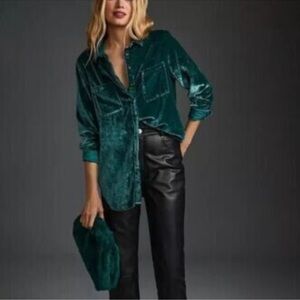 Anthropologie Pilcro Relaxed Velvet Buttondown Emerald Green, Medium NWT